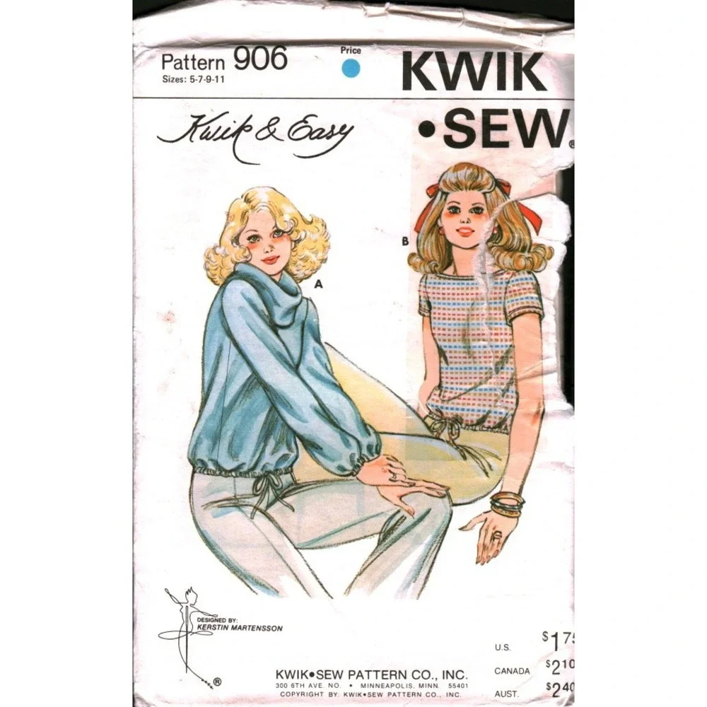 Vintage Kwik Sew 906 Miss Junior Top Sewing Pattern Cowl Boat Neck Size 5-7-9-11